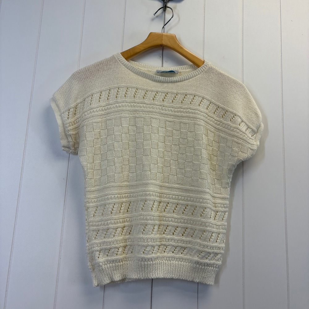 Vintage Liz Baker Cottage Short Sleeve Knit Sweater Women Size S Grannycore Chic